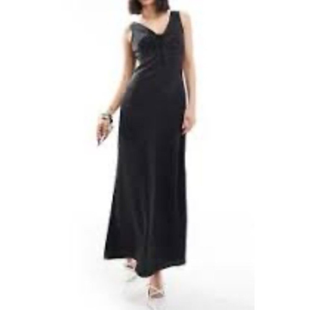 ASOS Curve Maxi Long Dress 22 Black Silky Satin Sleeveless Flowy V Neck NEW